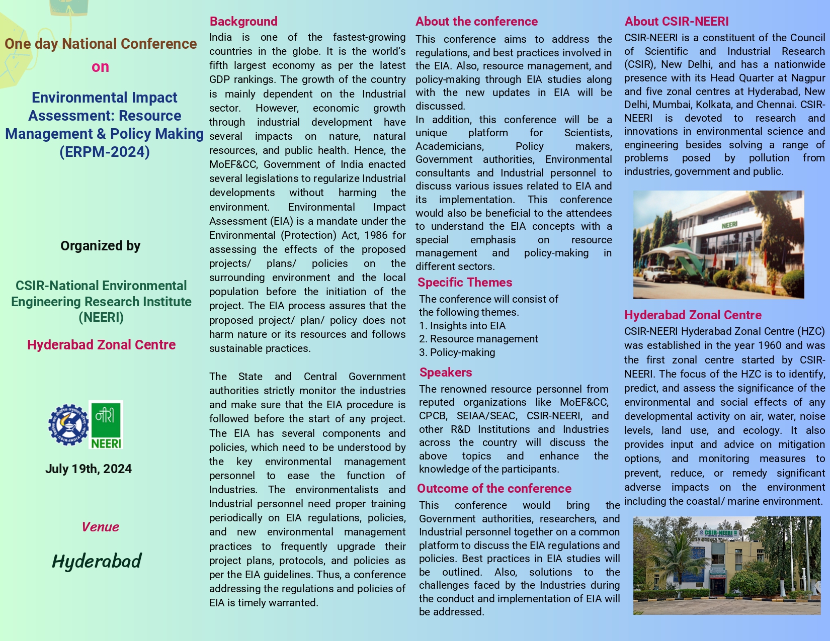One-day National Conference on Environmental Impact Assessment: Resource Management & Policy Making (ERPM-2024) on July 19th, 2024 (Friday) at Hyderabad Image